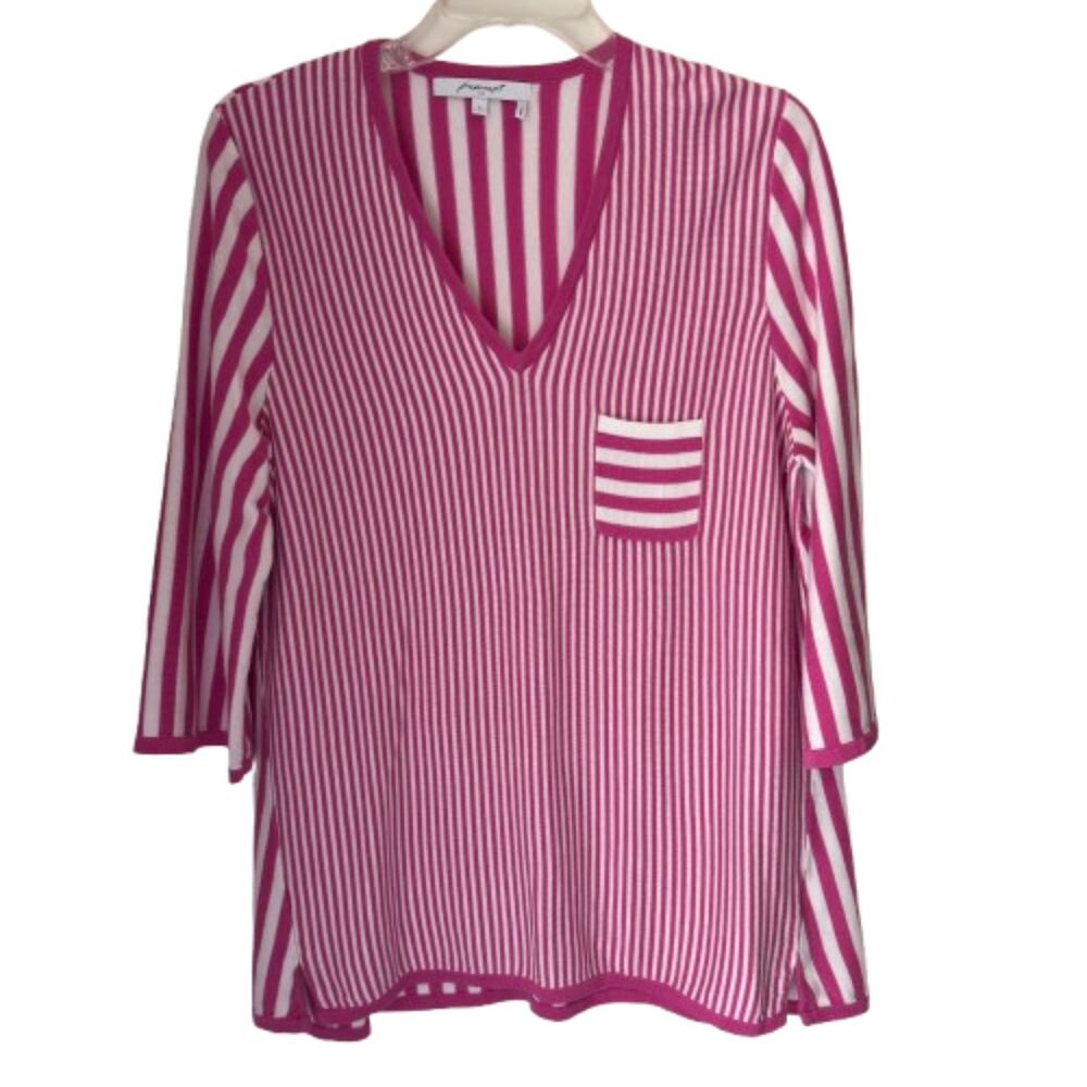 Foxcroft NYC V Neck Pink Pinstripe LTWT Pullover Modal Woman's L Sweater #BD
